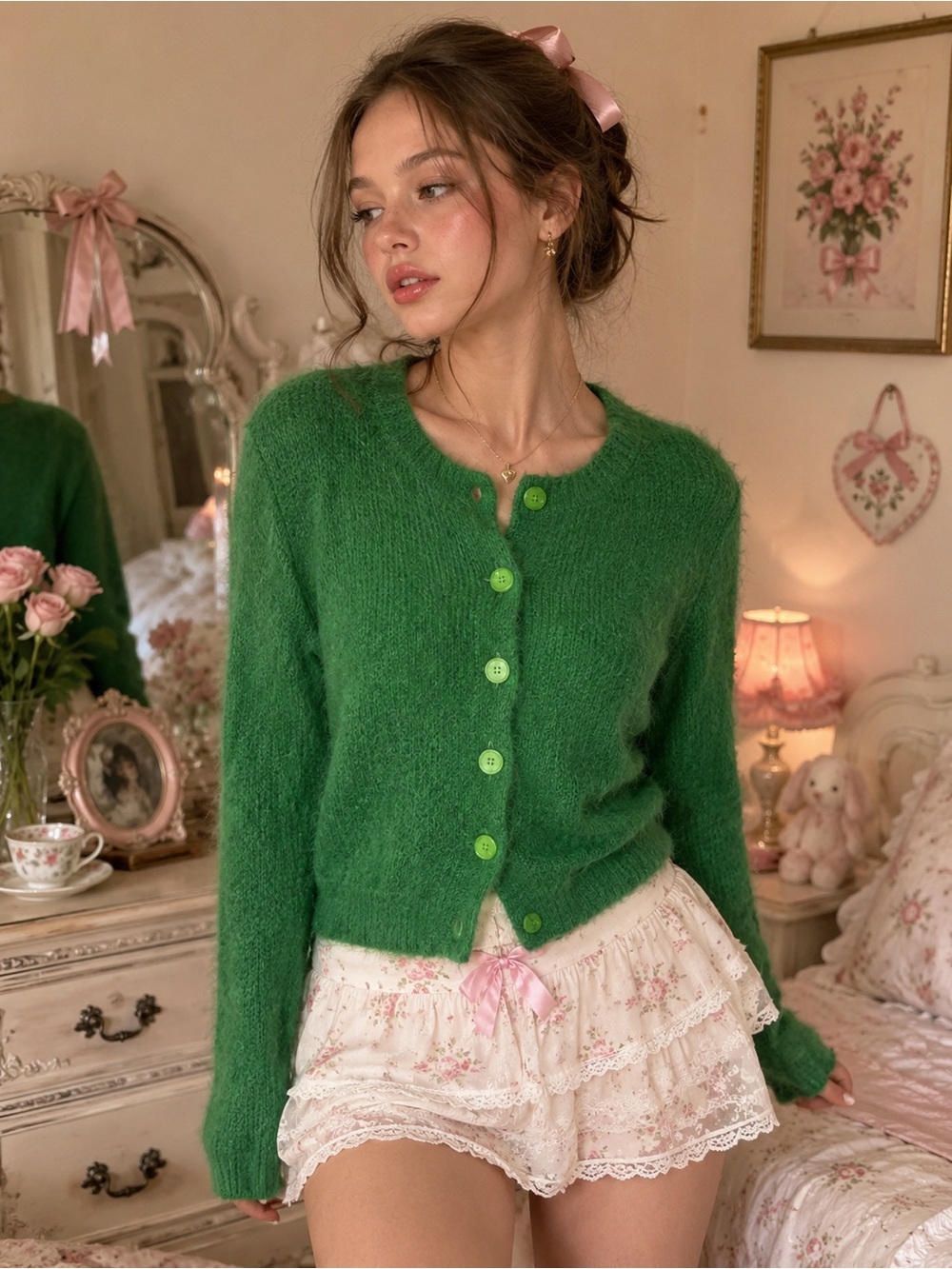 Vintage Emerald Green Fuzzy Mohair Cardigan 60s Mod Coquette Sweater Cottagecore